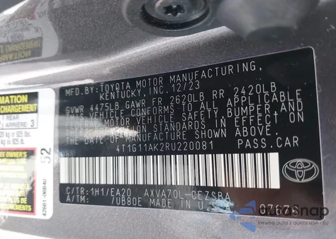 2024 Toyota Camry Se from USA, damaged, VIN 4T1G11AK2RU220081